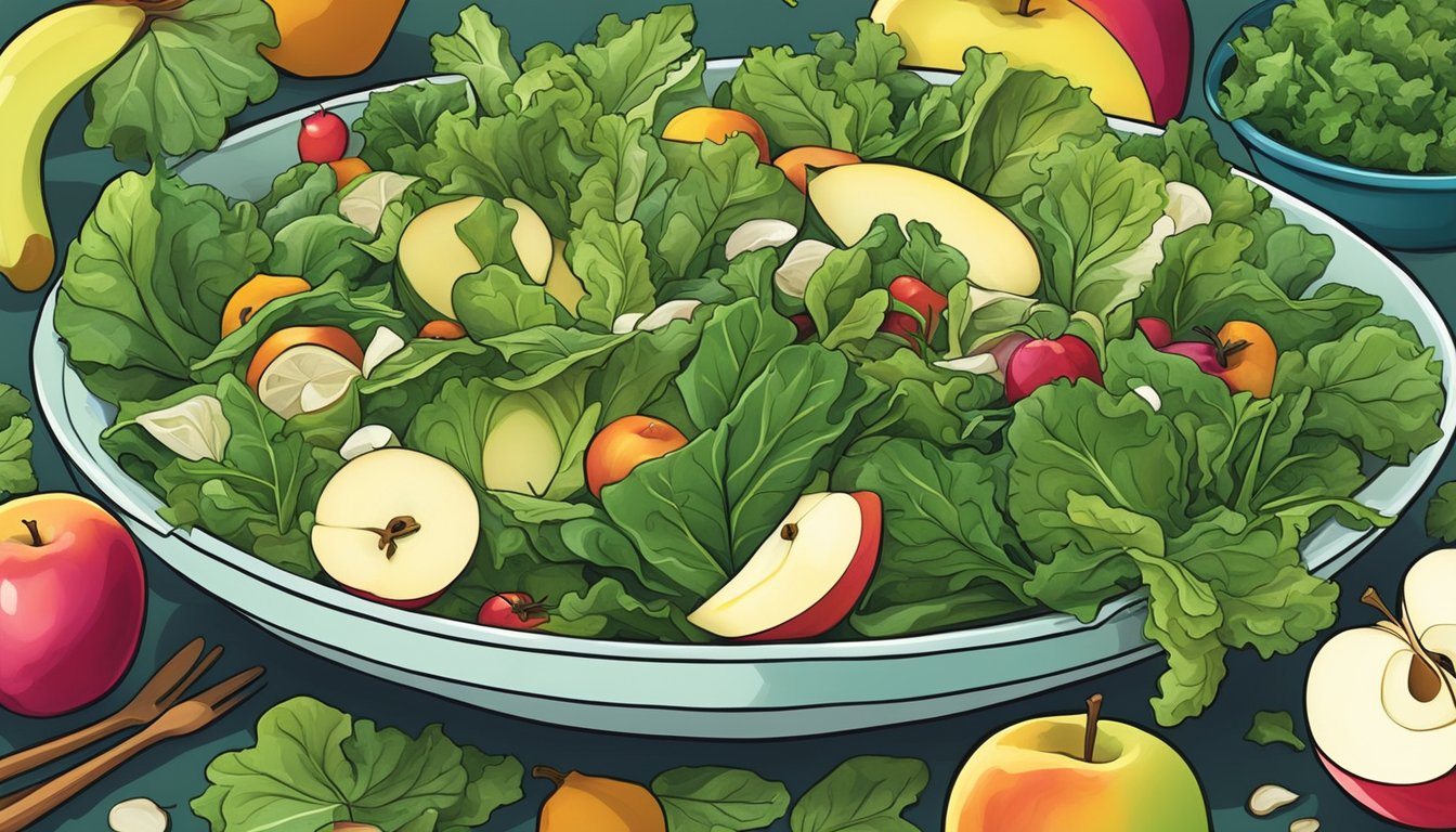 A colorful salad bowl filled with vibrant collard greens, sliced apples, and assorted ingredients, arranged in an artistic and appetizing manner