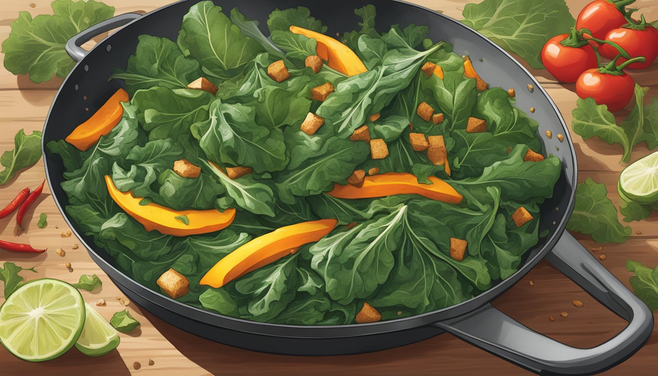 A sizzling pan filled with vibrant collard greens being tossed with spicy seasonings and aromatic ingredients