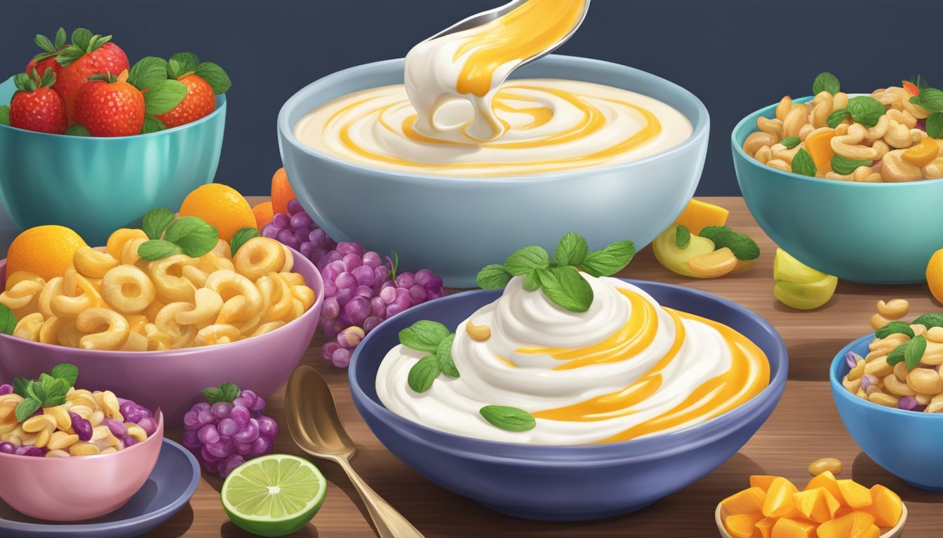 A dollop of rich cashew sour cream being drizzled over a colorful array of dishes, adding a creamy and luxurious touch to each one