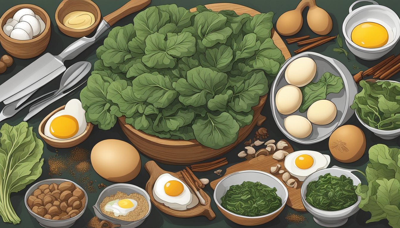 A colorful array of collard greens, mushrooms, and eggs arranged on a kitchen counter, surrounded by various cooking utensils and spices