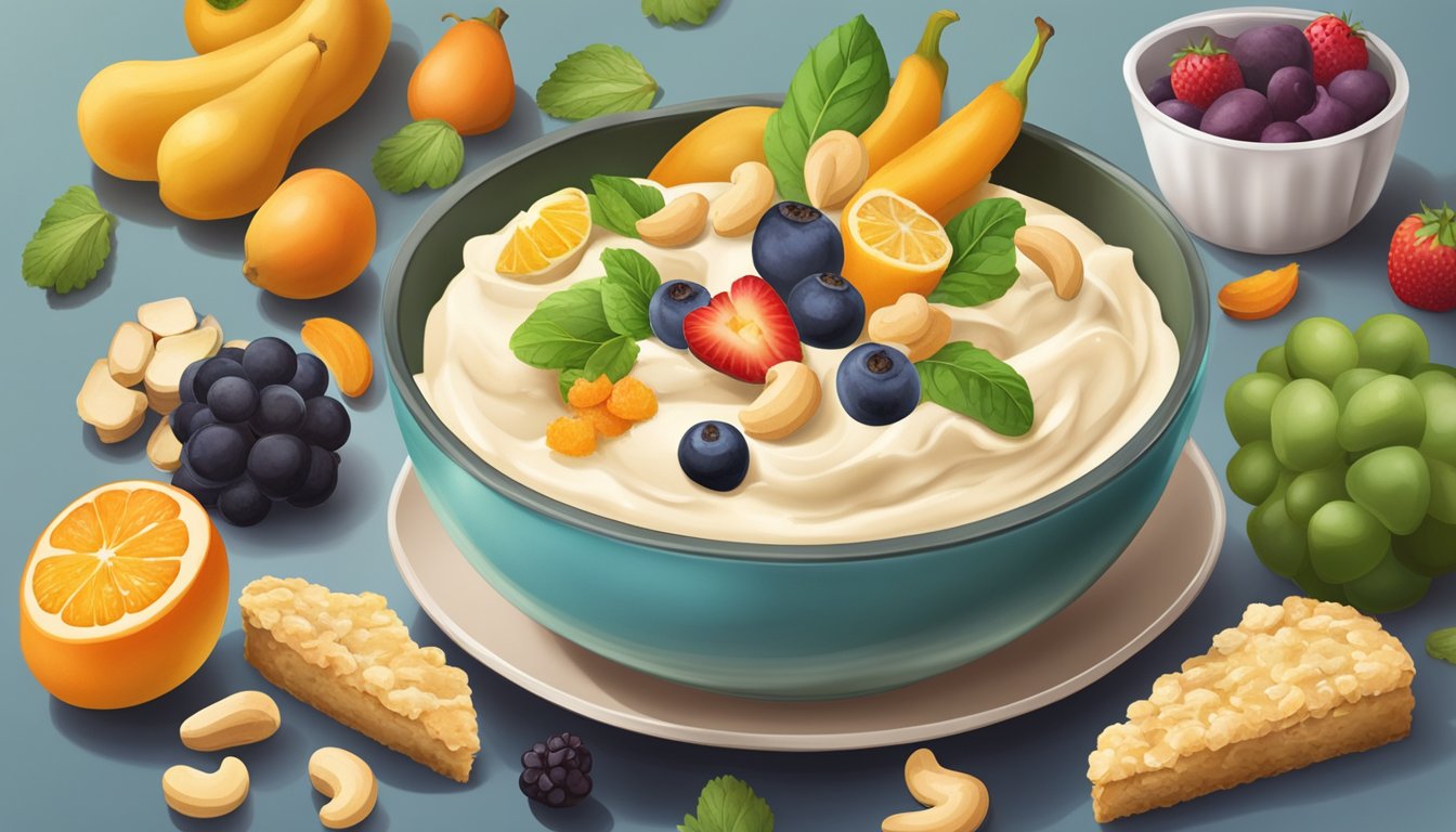 A bowl of cashew cream surrounded by various fruits, vegetables, and baked goods, showcasing its versatility in cooking and baking