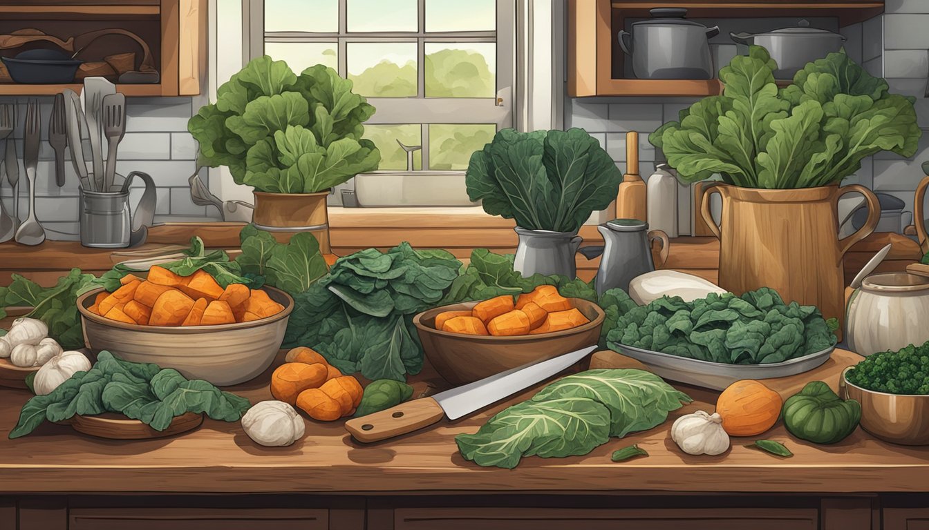 A rustic kitchen scene with a cutting board piled high with fresh collard greens and sweet potatoes, surrounded by various cooking utensils and ingredients