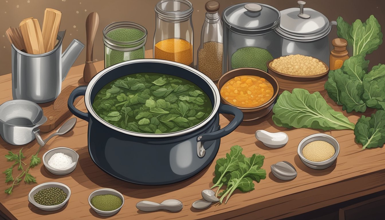 A steaming pot of collard greens soup with lentils surrounded by various cooking ingredients and utensils on a rustic kitchen counter