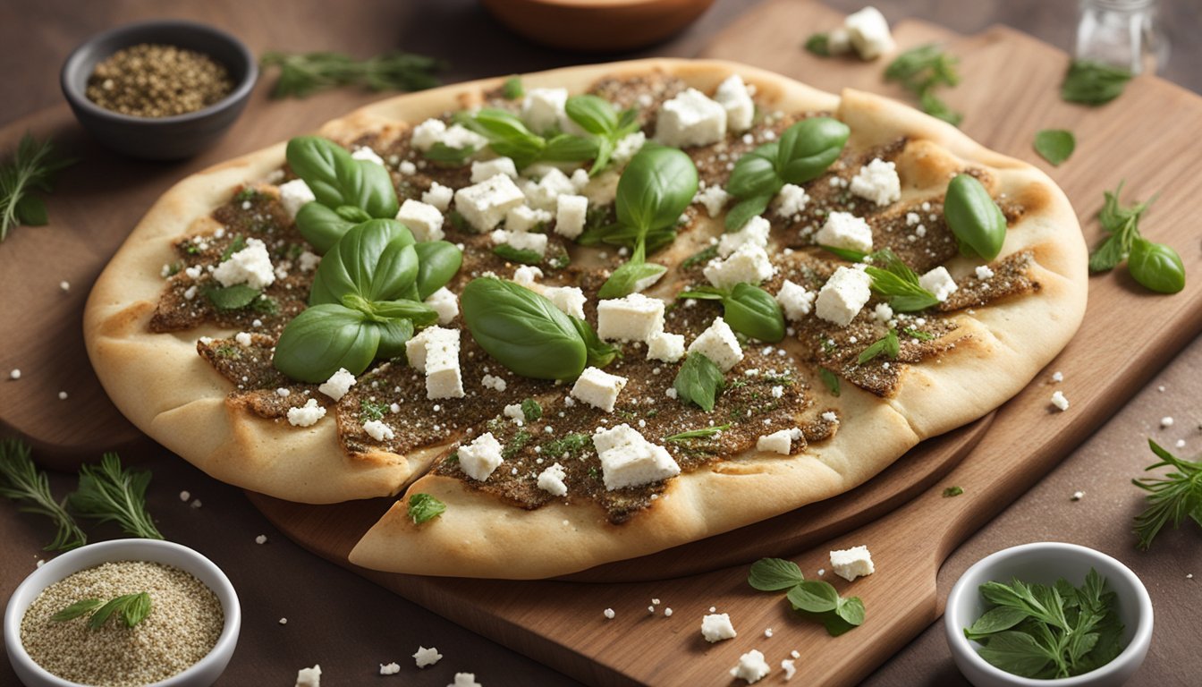 A rustic flatbread topped with za'atar, feta, and fresh herbs, sitting on a wooden serving board with scattered za'atar spices and crumbled feta