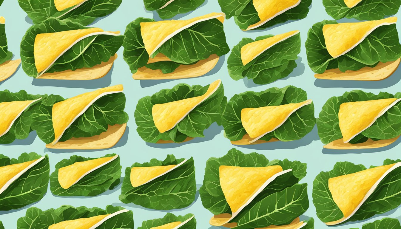 A colorful array of collard greens tacos arranged in various artistic and creative ways, showcasing the versatility of this leafy green vegetable as a delicious and nutritious taco filling