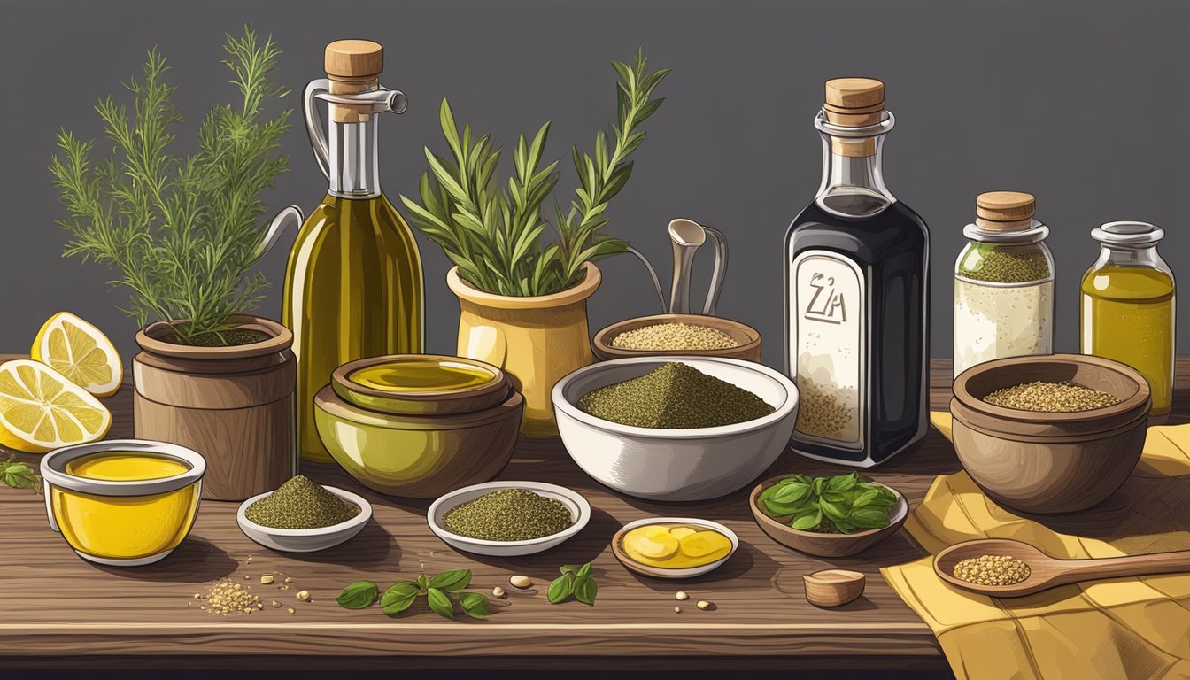 A wooden table with a bottle of za'atar infused olive oil surrounded by various ingredients and cooking utensils, hinting at the preparation of unique recipes