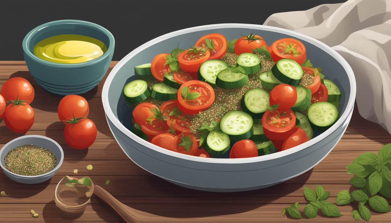 A vibrant bowl of diced tomatoes, cucumbers, and za'atar, with a sprinkle of herbs and a drizzle of olive oil, sitting on a wooden table