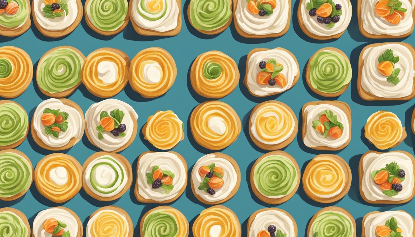 A table spread with a variety of savory cream cheese pinwheels, arranged in a visually appealing pattern, with colorful garnishes and serving utensils nearby