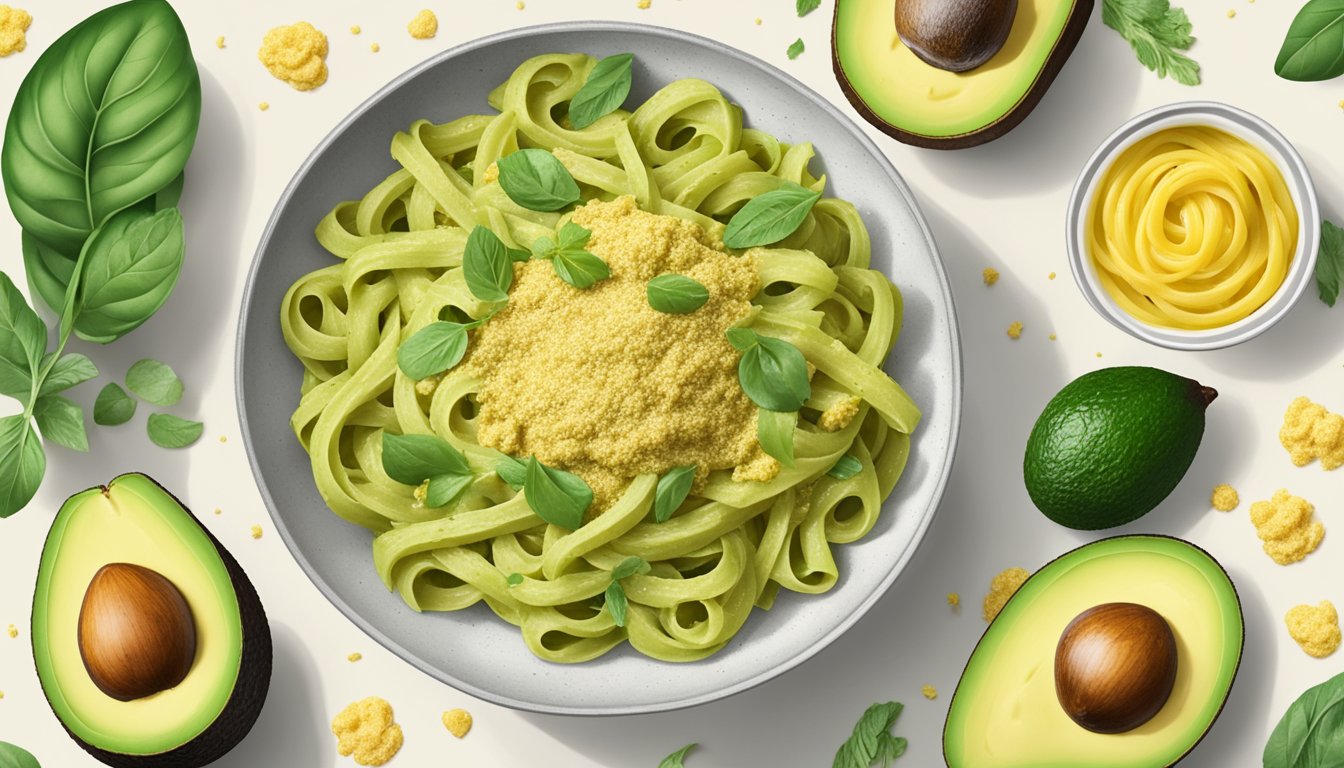 A bowl of creamy avocado pasta topped with nutritional yeast, surrounded by ingredients like avocados, pasta, and a sprinkle of yeast