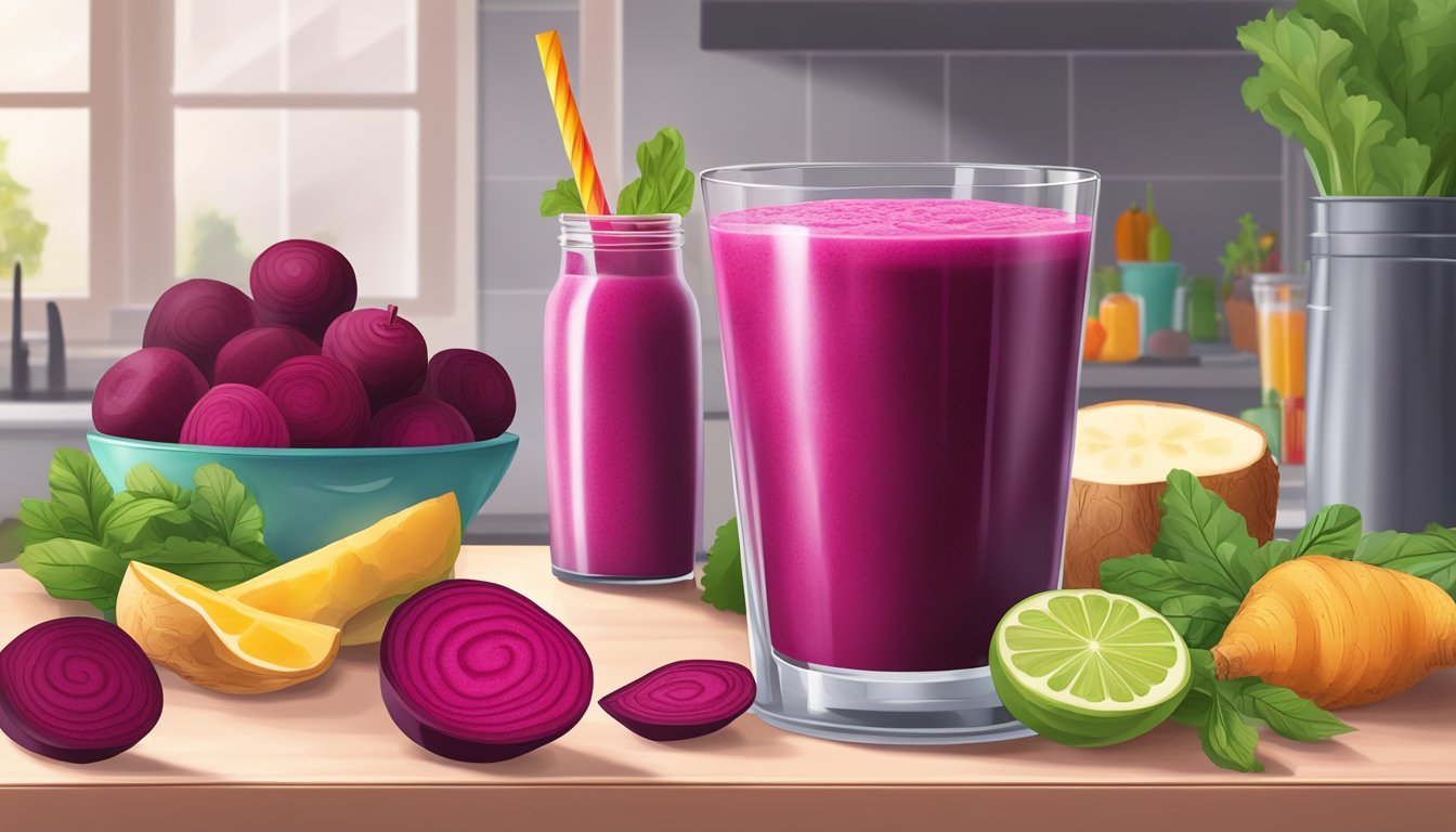 A glass of vibrant beet smoothie surrounded by fresh ginger, beets, and other colorful ingredients on a kitchen countertop