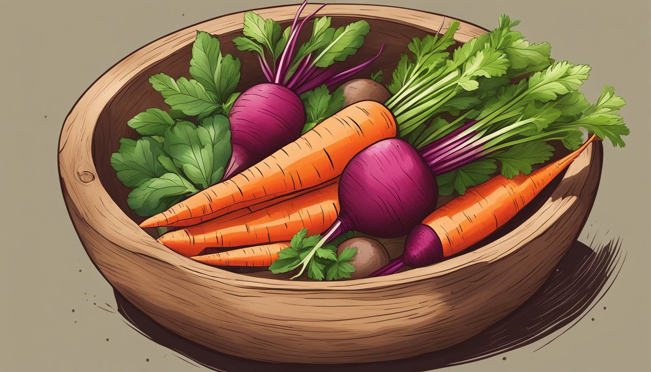 A vibrant array of beets and carrots arranged in a rustic wooden bowl, with fresh green herbs sprinkled on top