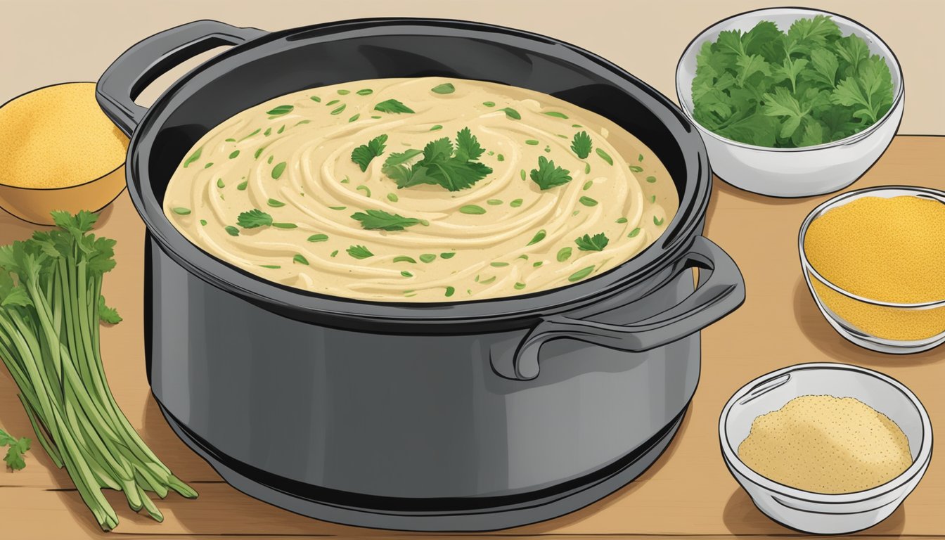 A pot of creamy vegan Alfredo sauce simmers on a stovetop, with a sprinkle of nutritional yeast adding a savory flavor