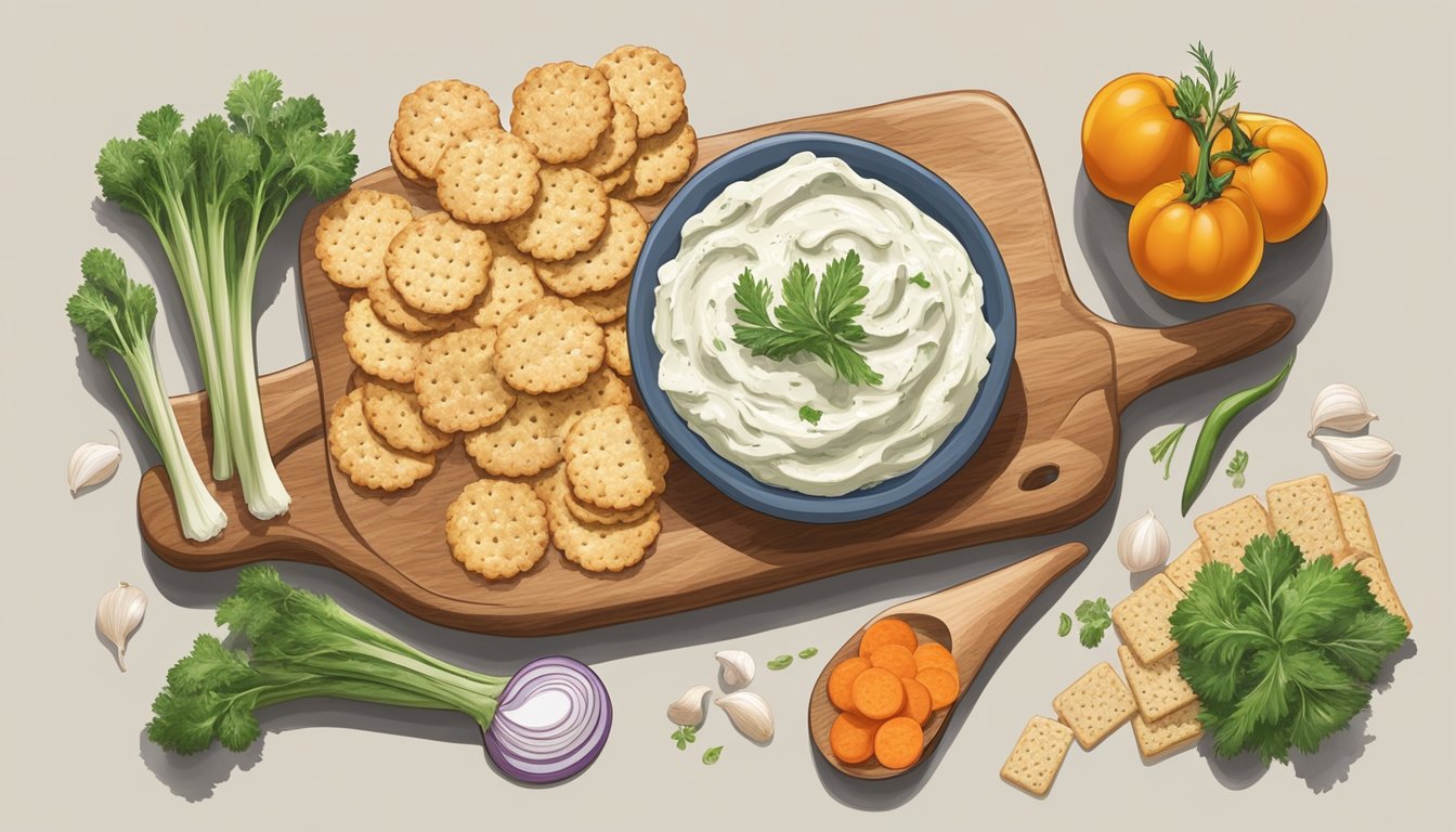 A wooden cutting board with a spreader knife, a bowl of garlic herb cream cheese spread, and assorted crackers and vegetables arranged around it