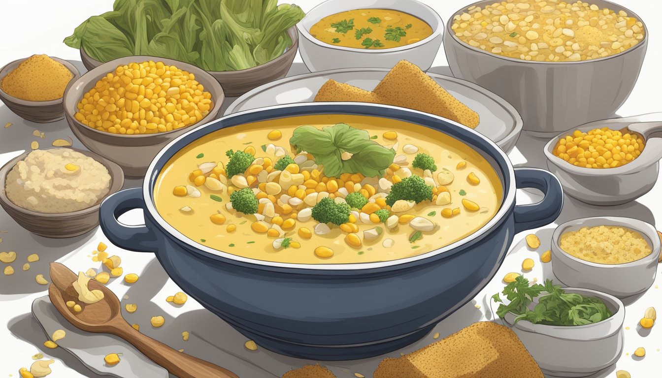 A steaming bowl of noochy corn chowder surrounded by a variety of unexpected dishes, all featuring nutritional yeast as a key ingredient