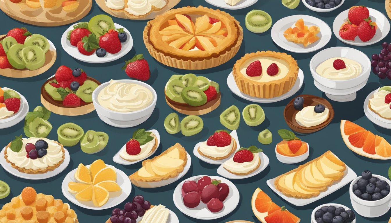 A table spread with fruit and cream cheese tartlets, surrounded by various appetizers