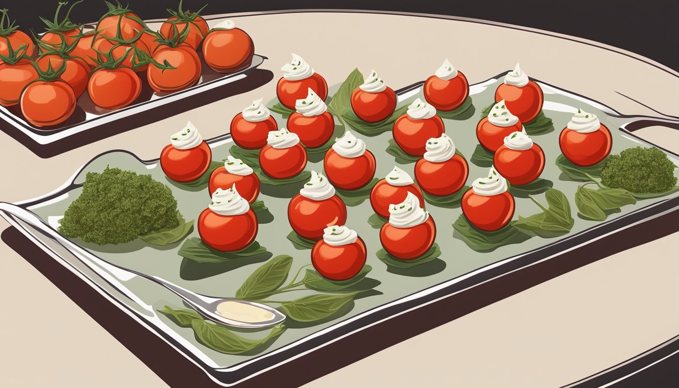 A platter of cherry tomatoes filled with cream cheese and pesto, arranged neatly on a serving tray with other appetizers