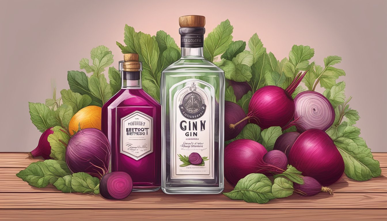 A clear glass bottle of vibrant beetroot-infused gin surrounded by fresh beets, herbs, and other cocktail ingredients on a rustic wooden table