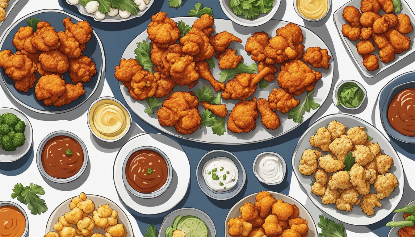 A platter of crispy cauliflower buffalo wings surrounded by various other cauliflower-based dishes