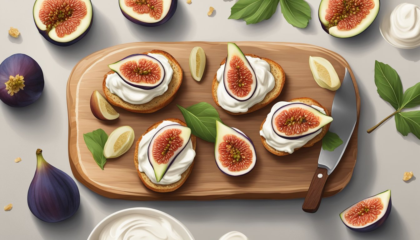 A rustic wooden board with fig and cream cheese bruschetta, surrounded by fresh figs and a dollop of cream cheese, set against a neutral background