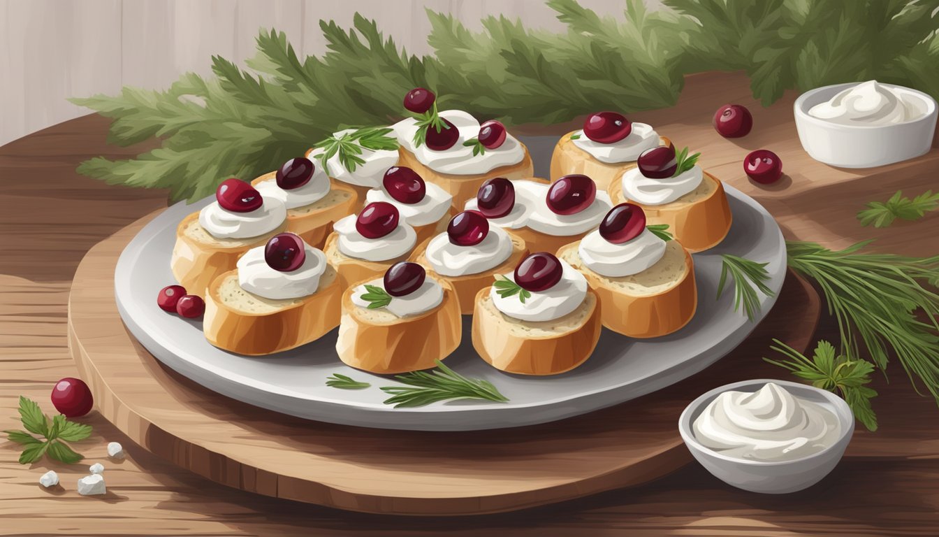 A platter of cream cheese and cranberry crostini arranged on a wooden serving board, garnished with fresh herbs and cranberries, set against a rustic backdrop