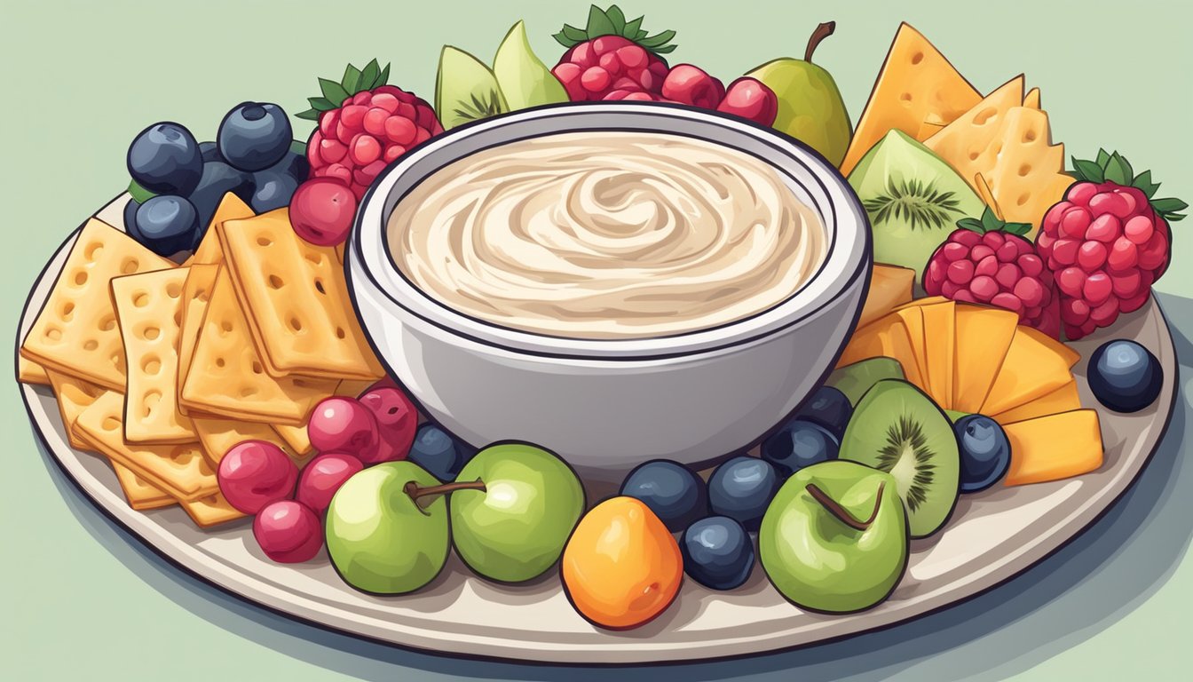 A bowl of creamy, tangy dip surrounded by colorful sliced fruits and crackers on a serving platter