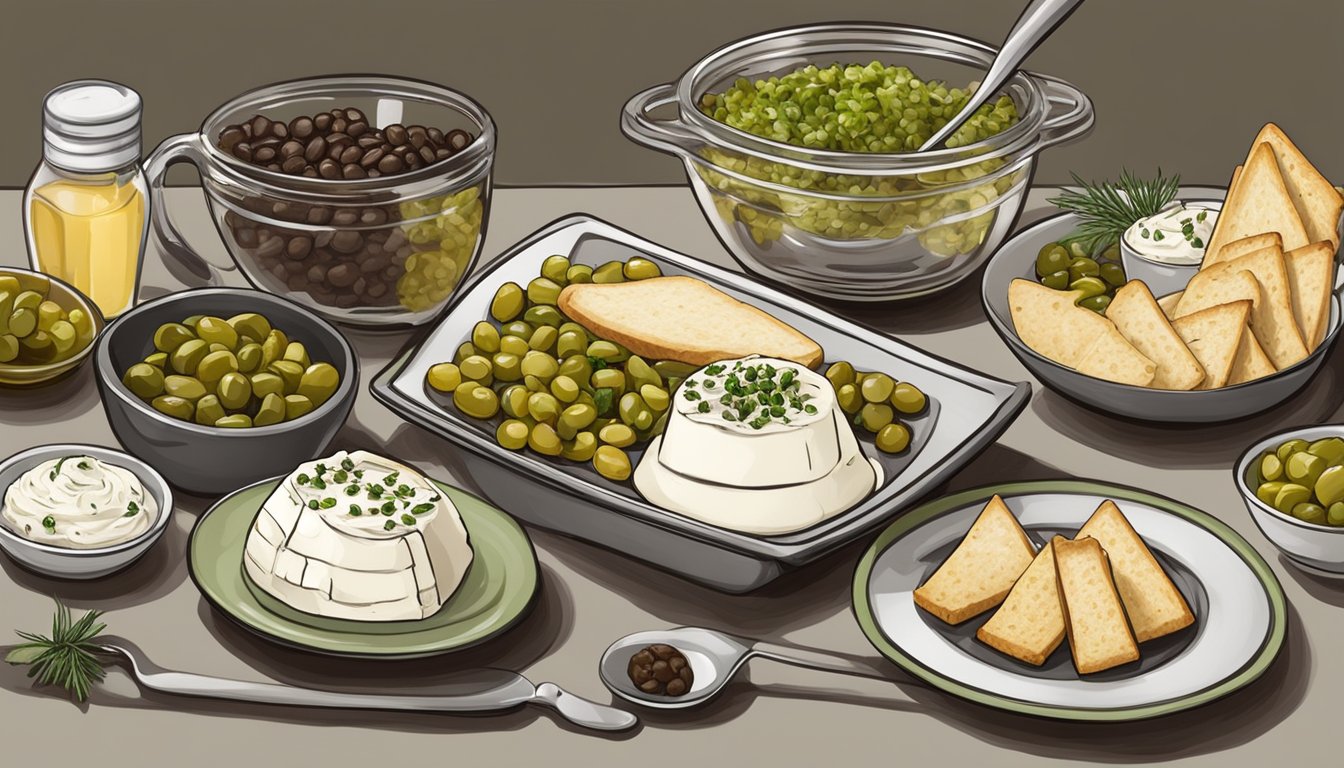 A platter of cream cheese olive tapenade appetizers surrounded by various ingredients and serving utensils