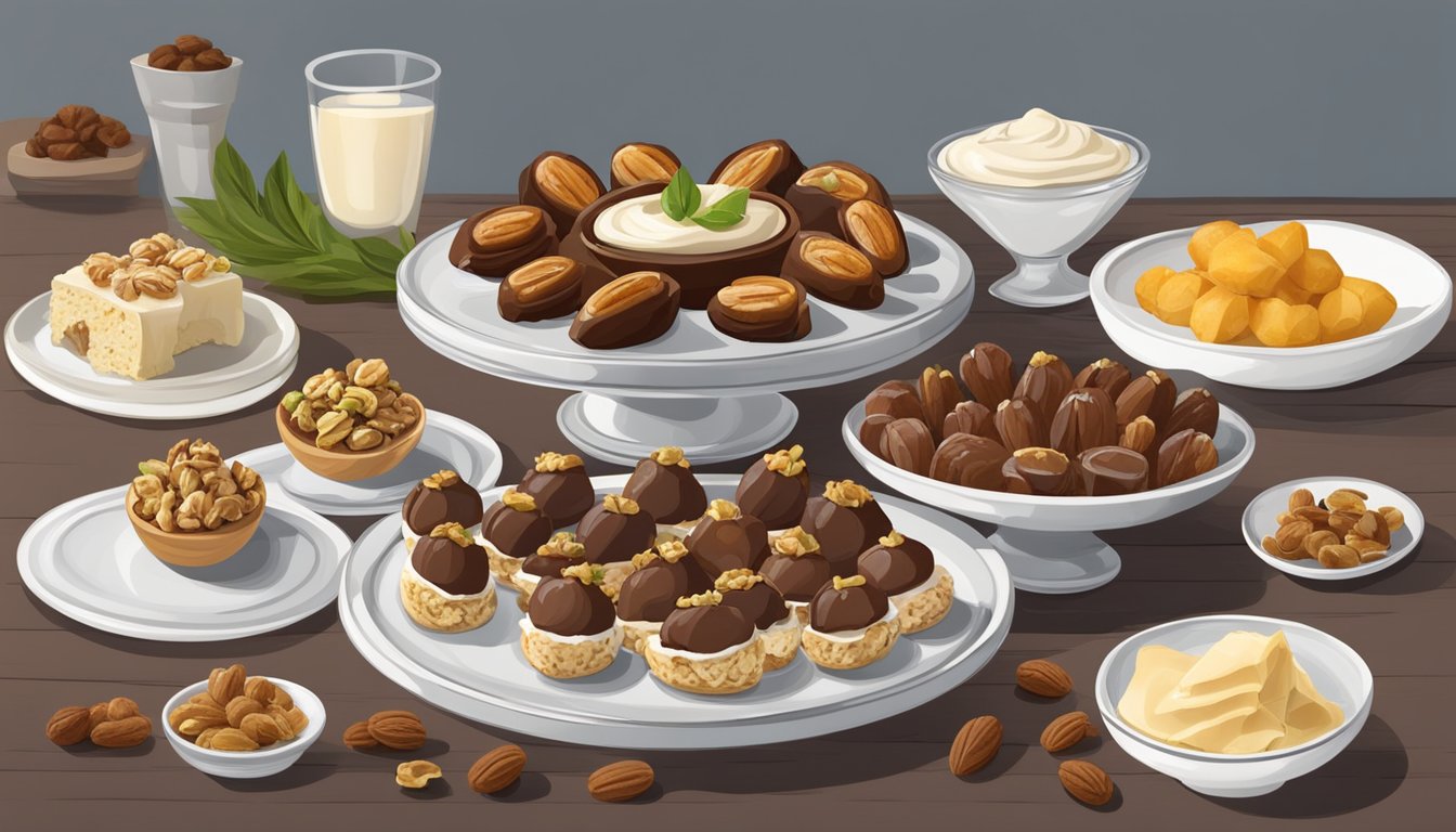 A platter of dates filled with cream cheese and walnuts, surrounded by other appetizers