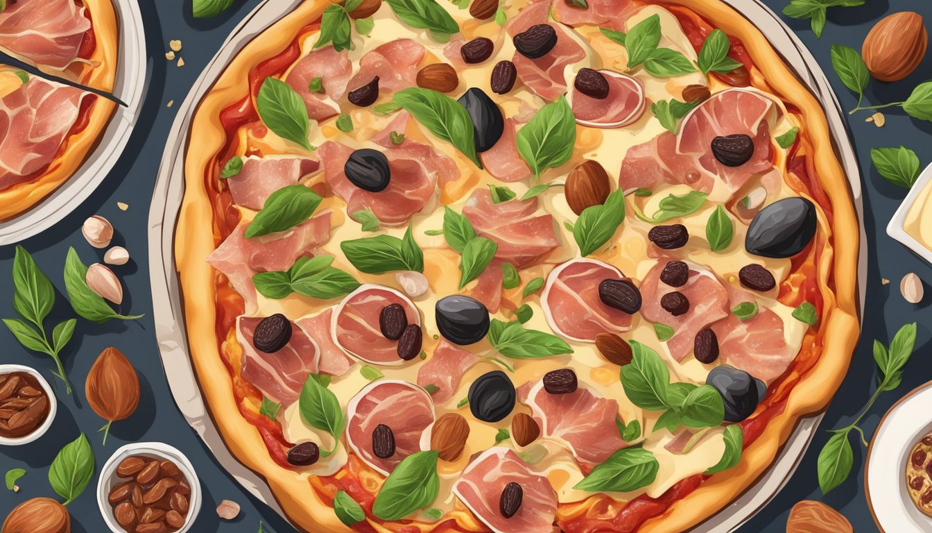 A pizza topped with prosciutto and dates, surrounded by various savory ingredients and applications