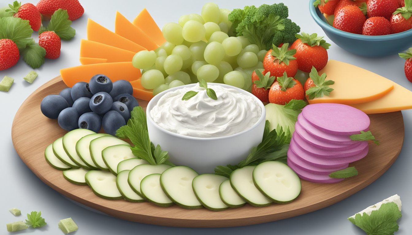 A spread of cream cheese surrounded by various ingredients like crackers, vegetables, and fruits, arranged on a serving platter