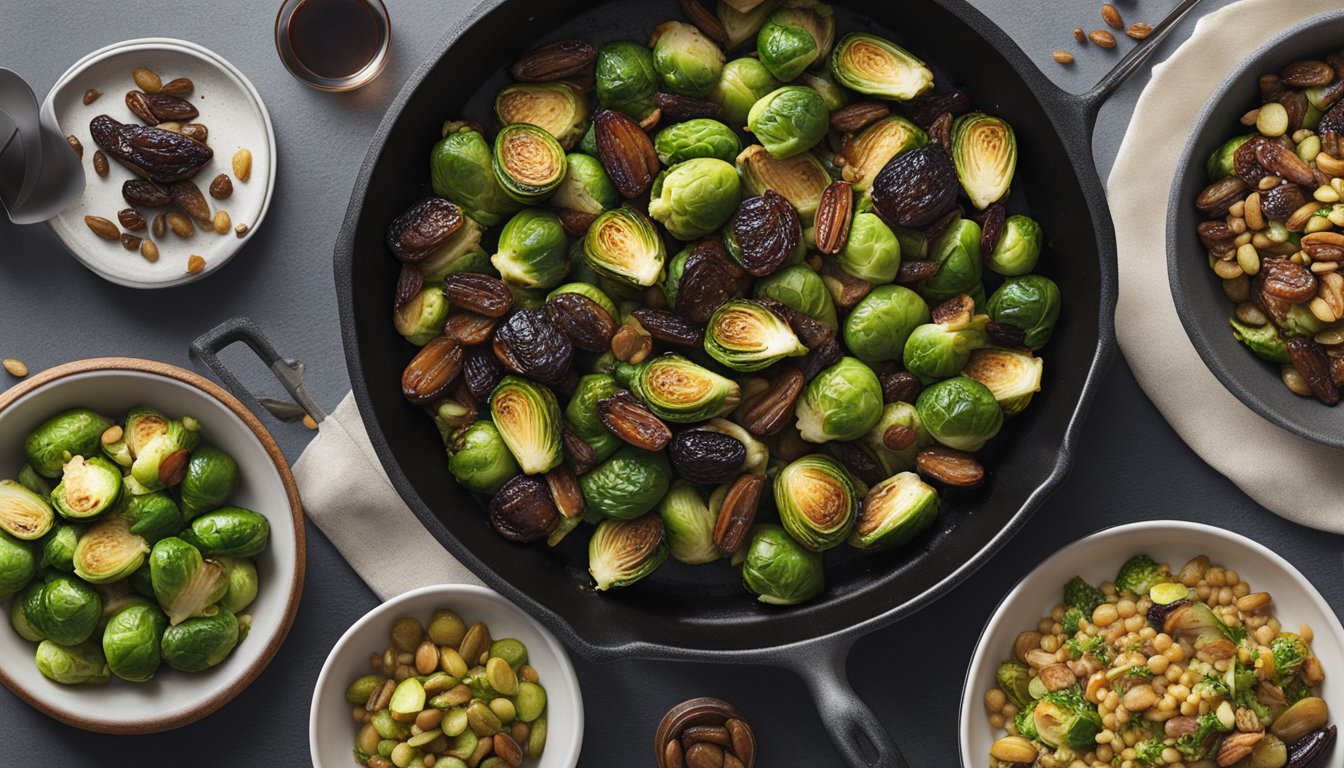 A sizzling skillet of balsamic glazed Brussels sprouts with dates, surrounded by various savory dishes