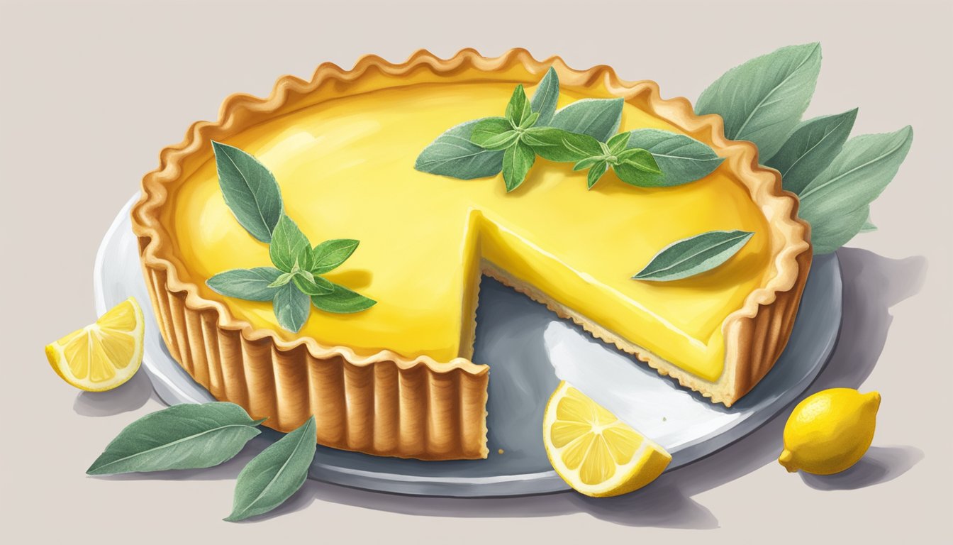 A vibrant lemon tart with a hint of sage, surrounded by fresh sage leaves and lemon slices