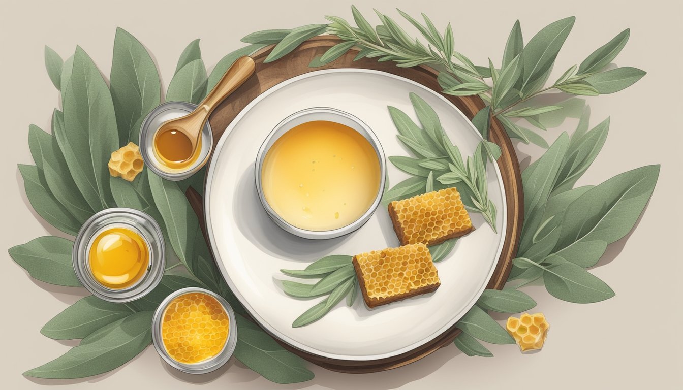 A rustic wooden table with a plate of sage and honey panna cotta surrounded by fresh sage leaves and honeycomb