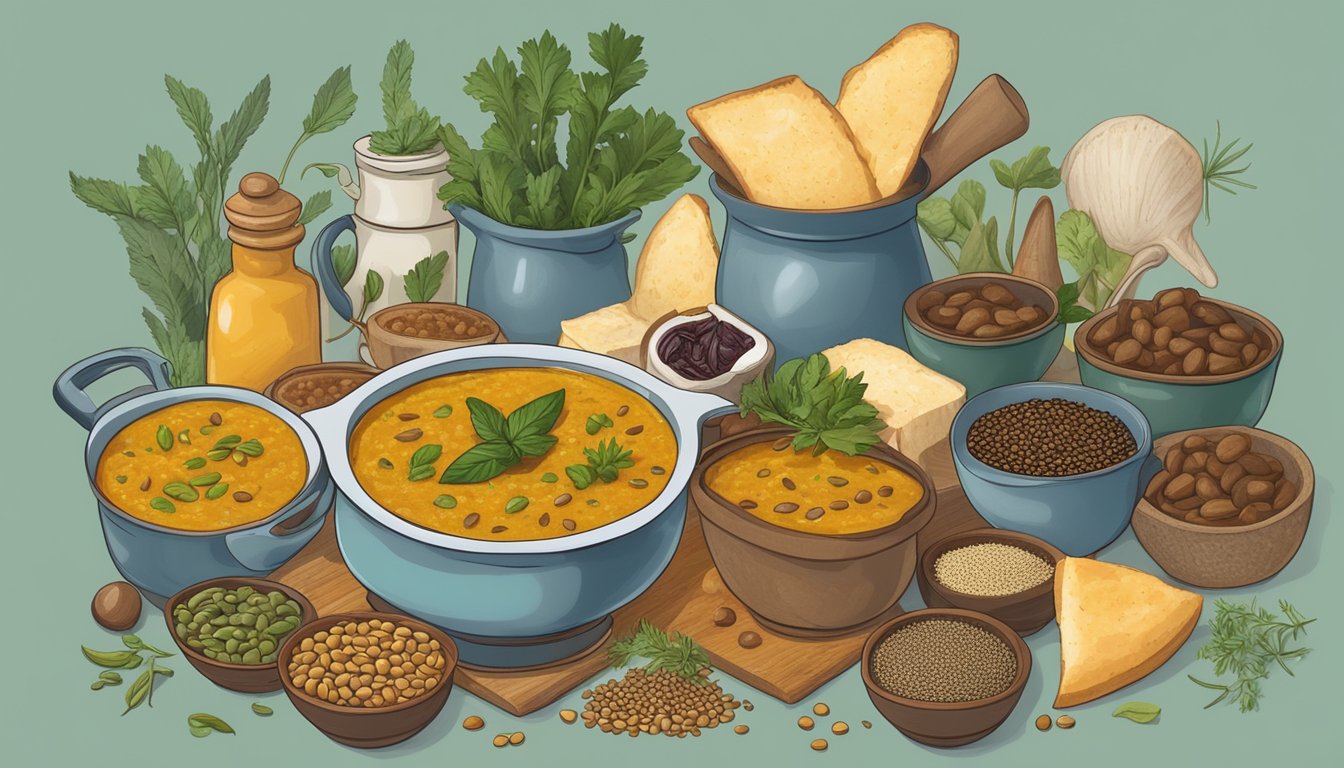 A steaming pot of curried date and lentil soup surrounded by various savory ingredients and spices