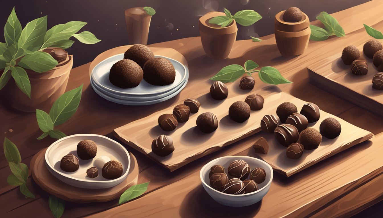 A rustic wooden table with a variety of chocolate truffles and sage leaves scattered around them. A soft light casts shadows on the desserts