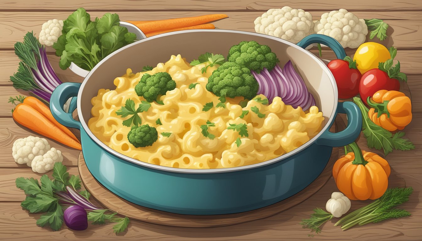 A steaming dish of cauliflower mac and cheese surrounded by colorful vegetables and herbs on a rustic wooden table