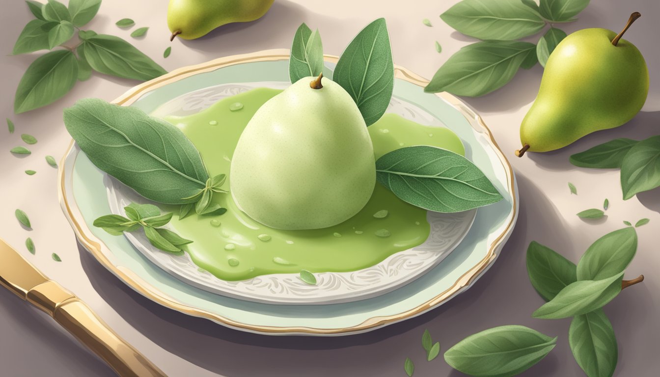 A pear and sage sorbet being served on a decorative plate with fresh sage leaves scattered around it