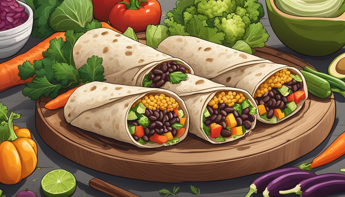 A colorful spread of cauliflower and black bean burritos surrounded by vibrant vegetables and herbs on a wooden serving platter