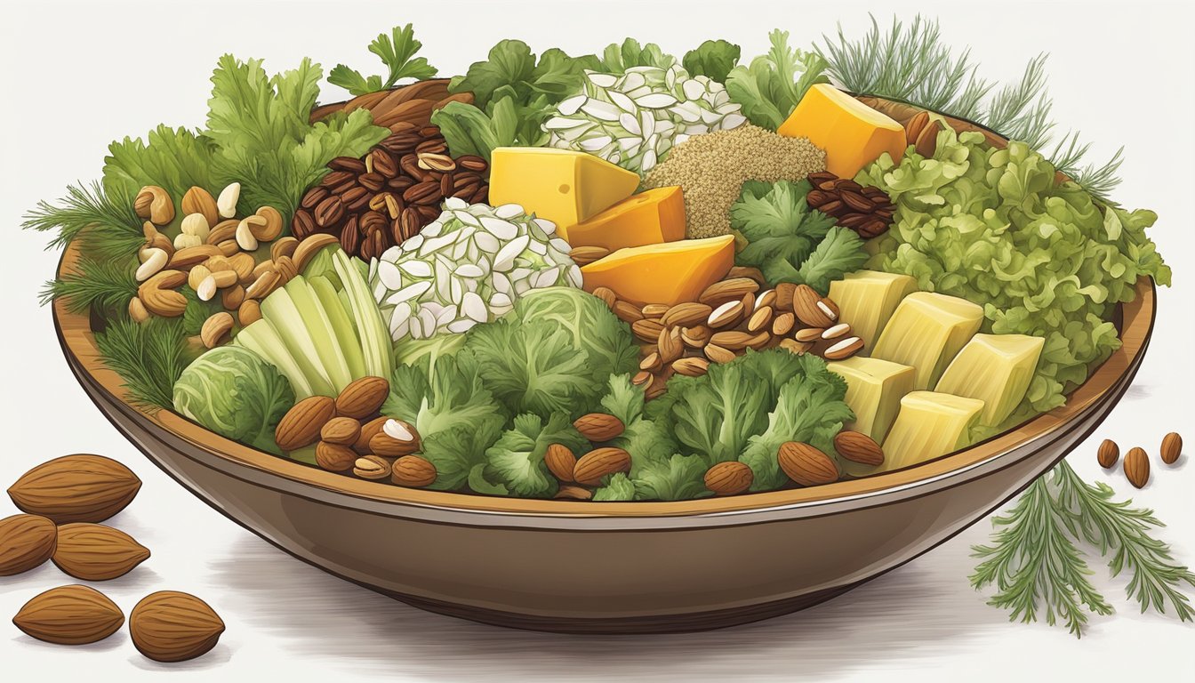 A vibrant salad bowl filled with fresh fennel, chopped dates, and a variety of savory ingredients, such as nuts and cheese, arranged in an artful display