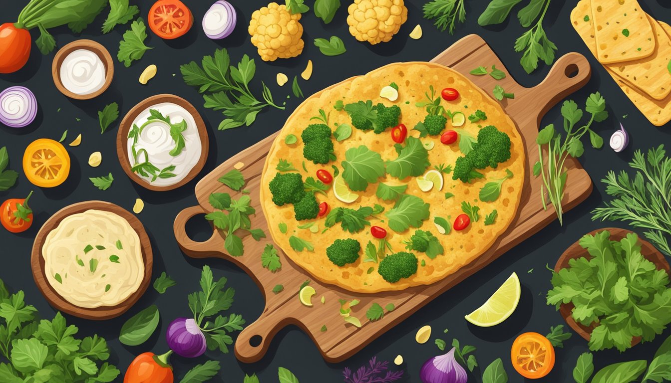 A rustic wooden table topped with a golden, crispy cauliflower flatbread surrounded by fresh herbs and colorful vegetables