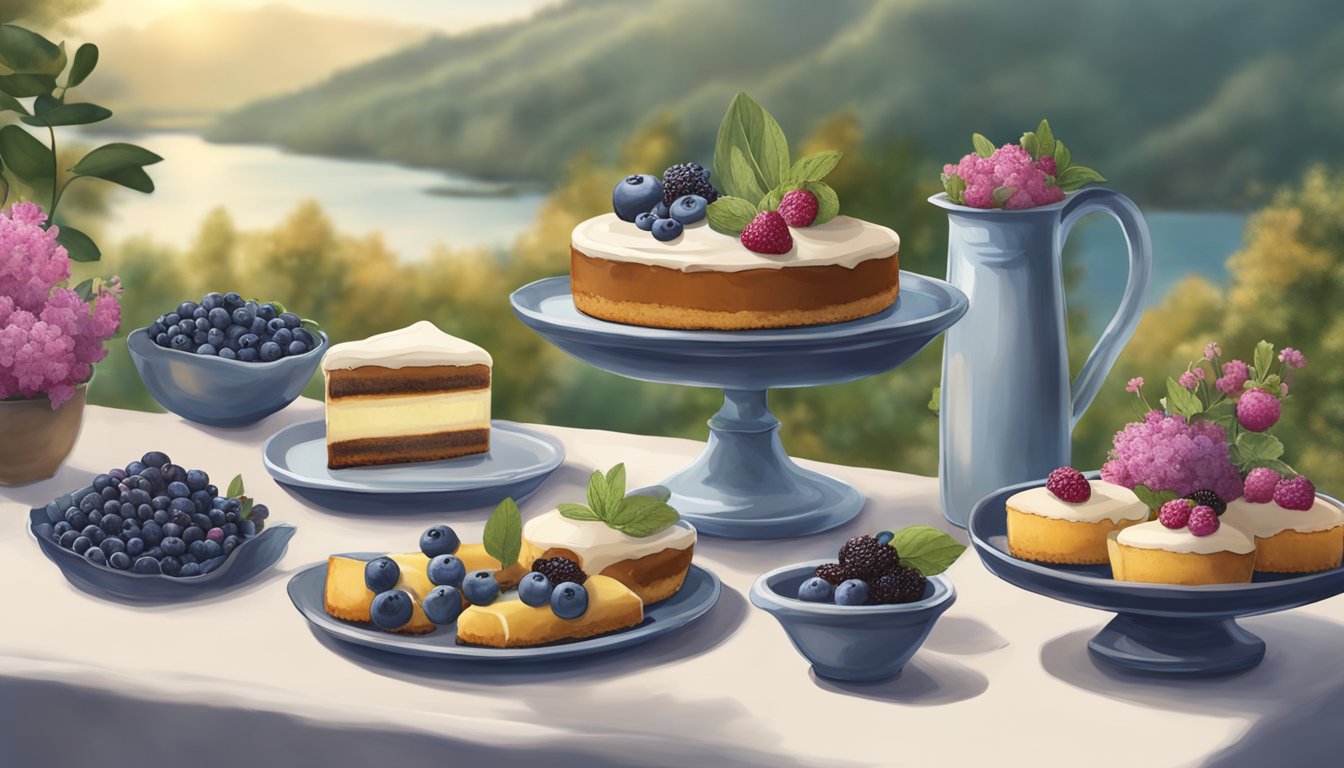 A rustic table with a variety of unique desserts made with sage, including a decadent blueberry cheesecake, set against a serene backdrop of nature