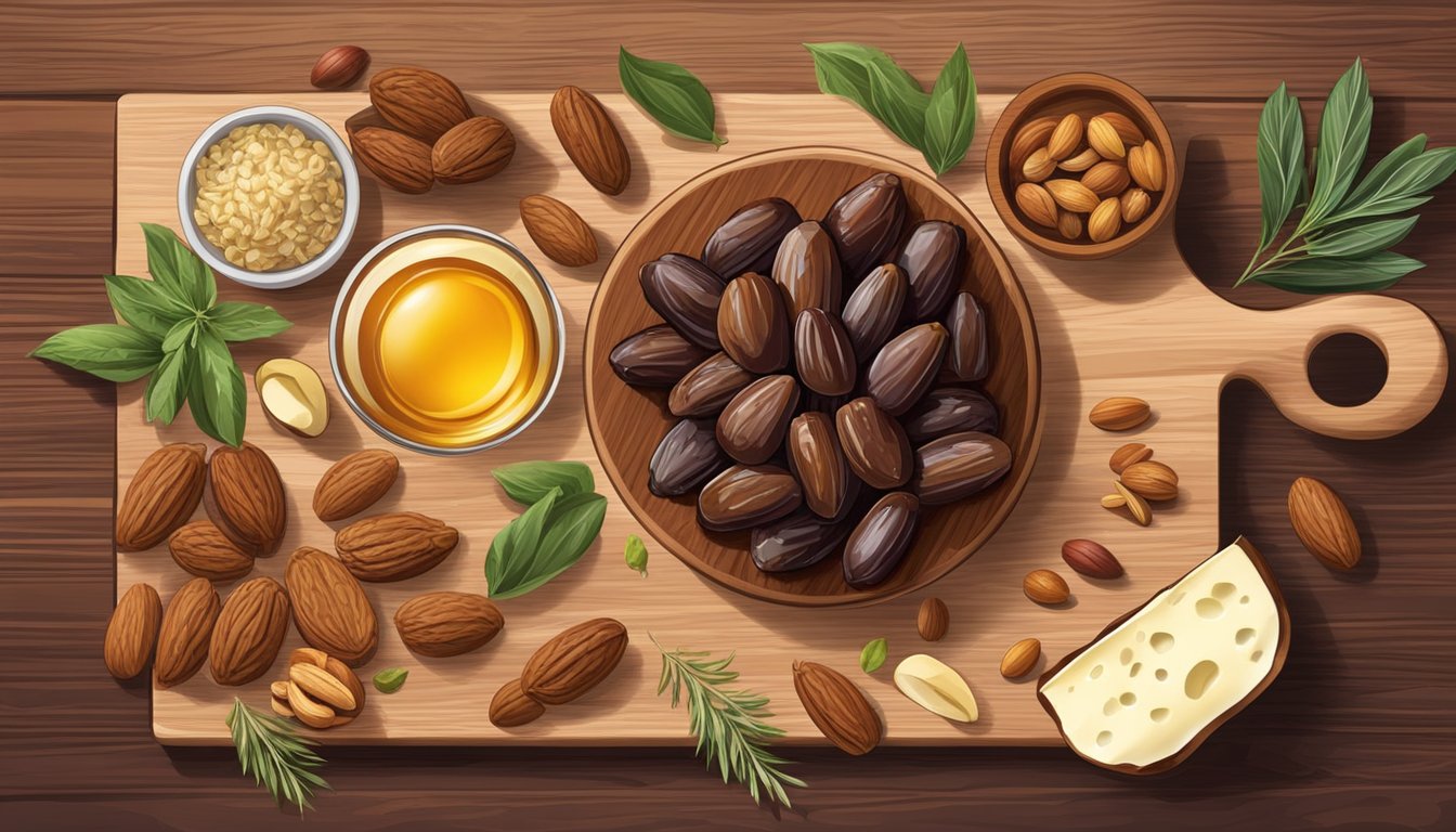 A variety of dates arranged on a wooden cutting board, surrounded by ingredients such as nuts, cheese, and herbs, with a bowl of honey nearby