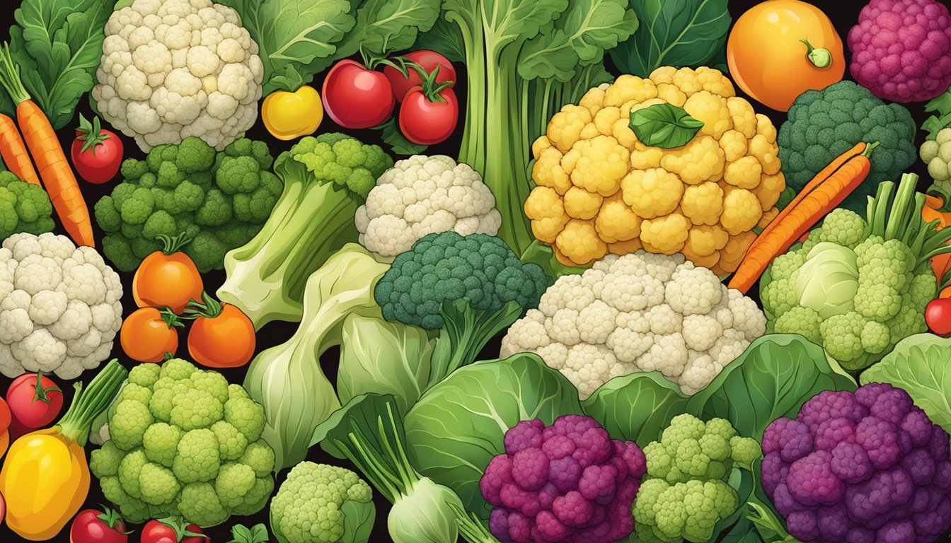 A colorful array of cauliflower dishes, from roasted to mashed, surrounded by vibrant fruits and vegetables, showcasing the versatility and nutritional benefits of this cruciferous vegetable