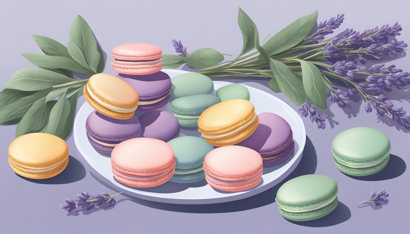 A table set with pastel-colored macarons surrounded by fresh lavender and sage leaves