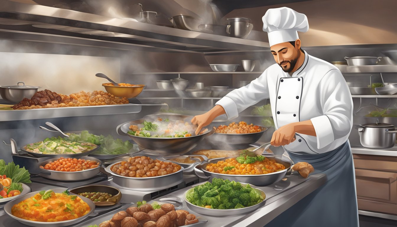 A chef incorporating dates into various savory dishes, such as salads, tagines, and stuffed meats, in a bustling kitchen setting