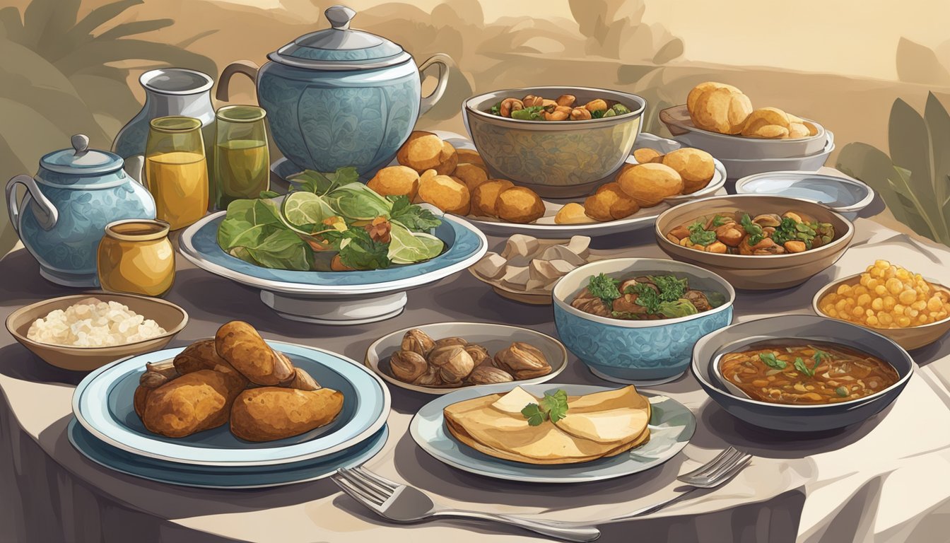 A table set with various dishes from around the world, all incorporating dates as a key ingredient