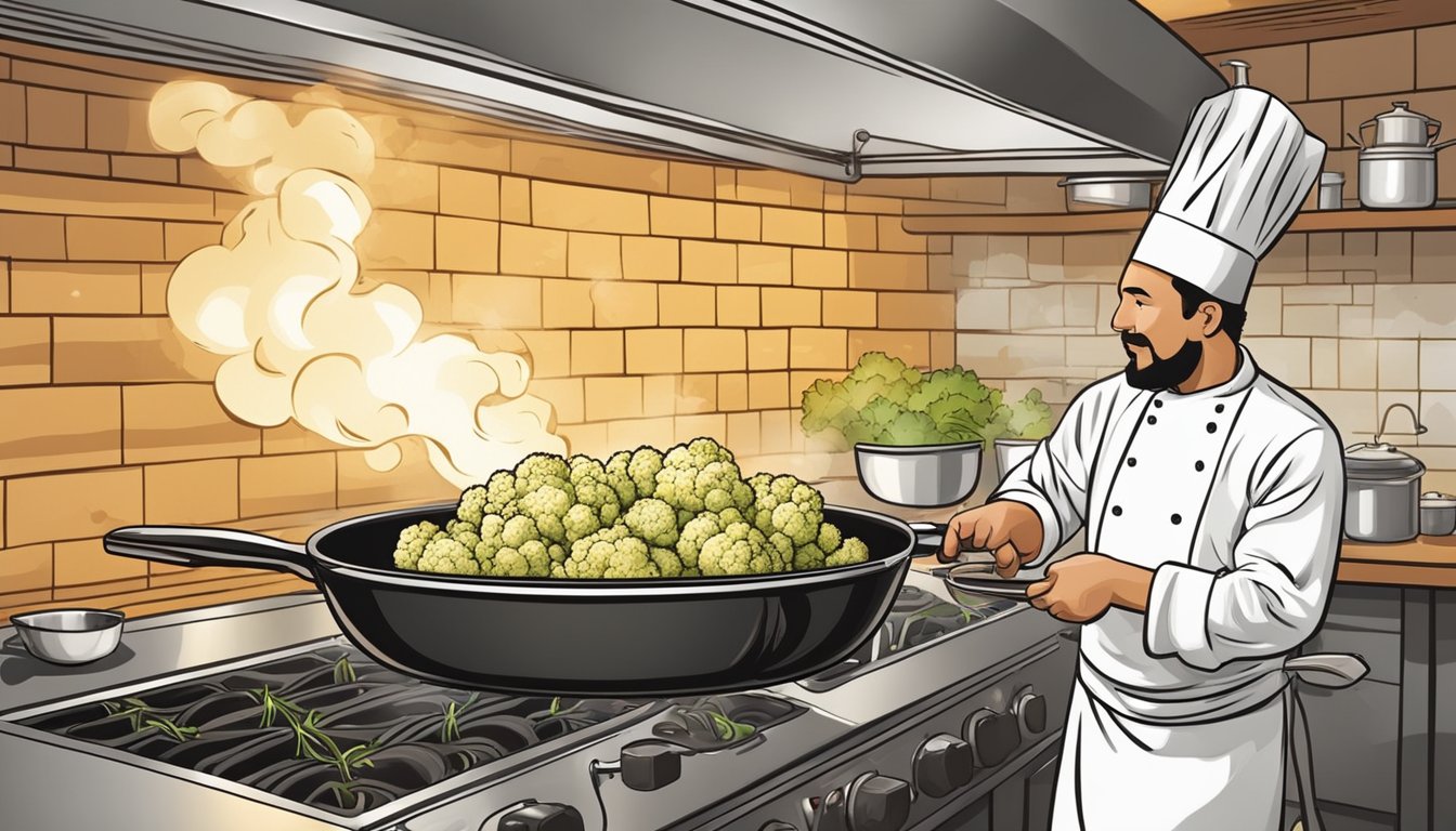 A chef roasting cauliflower with aromatic spices in a sizzling skillet. Steam rises as the cauliflower caramelizes, filling the kitchen with a rich, savory aroma