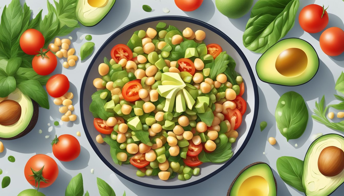 A colorful natto salad with avocado and tomato arranged in an artistic and innovative way