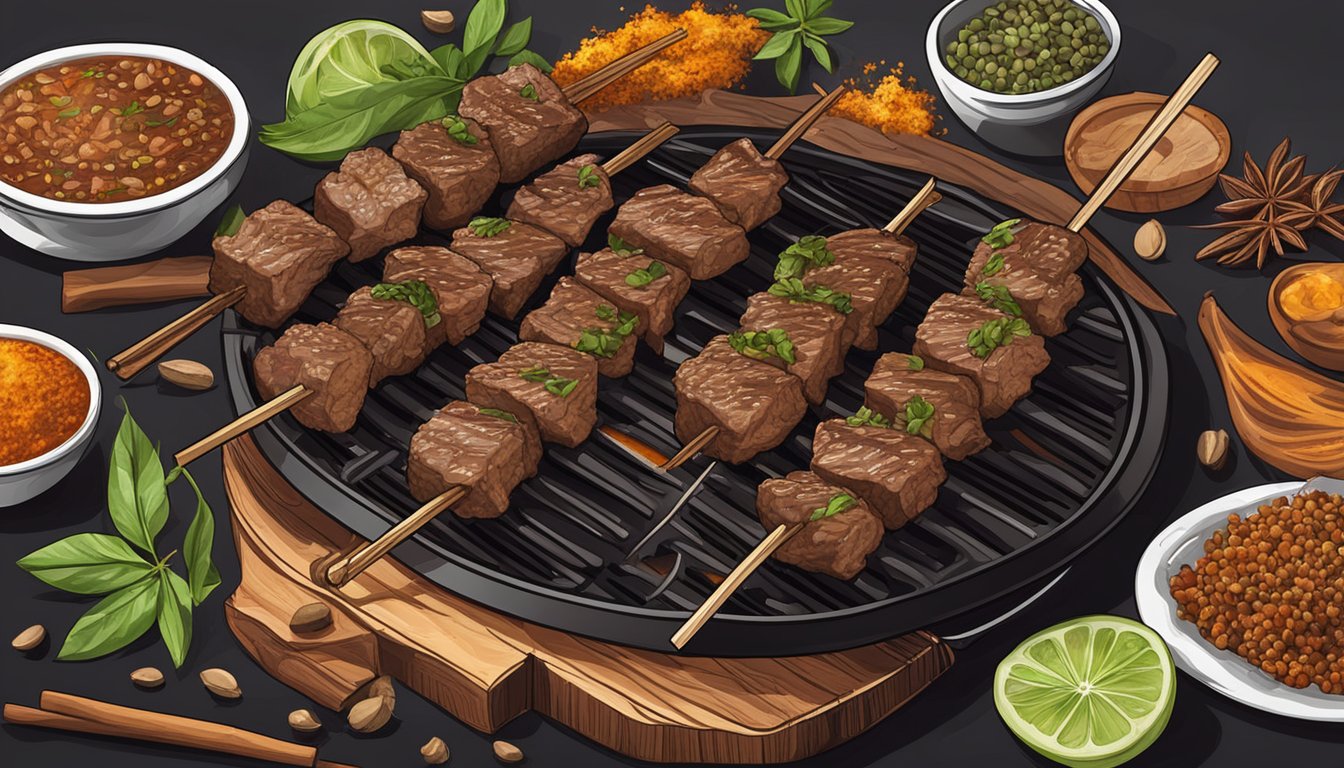 A sizzling grill with skewers of marinated lamb, surrounded by cardamom pods, cinnamon sticks, and other spices