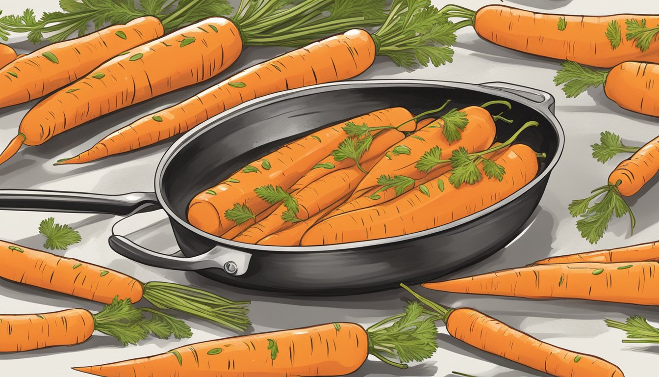 Carrots being glazed with cardamom-orange sauce in a sizzling pan