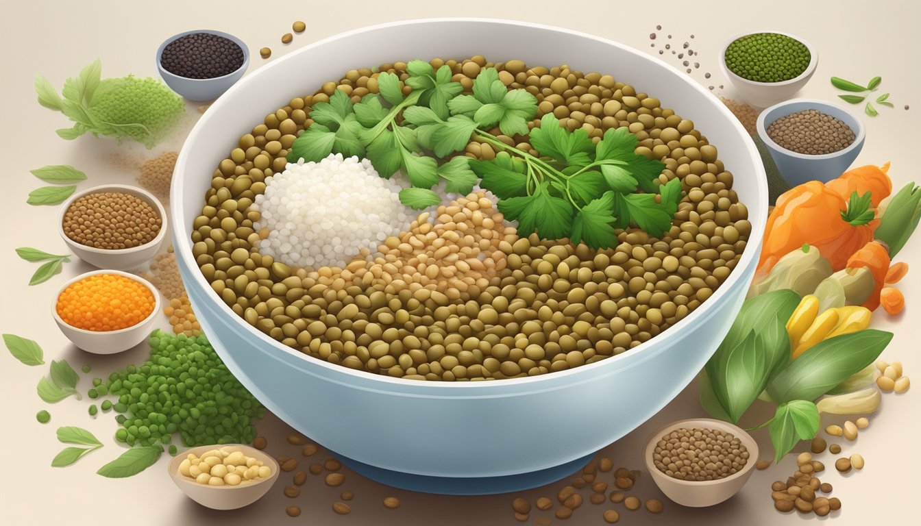 A bowl of Szechuan green lentils surrounded by various colorful and aromatic ingredients, with steam rising from the dish